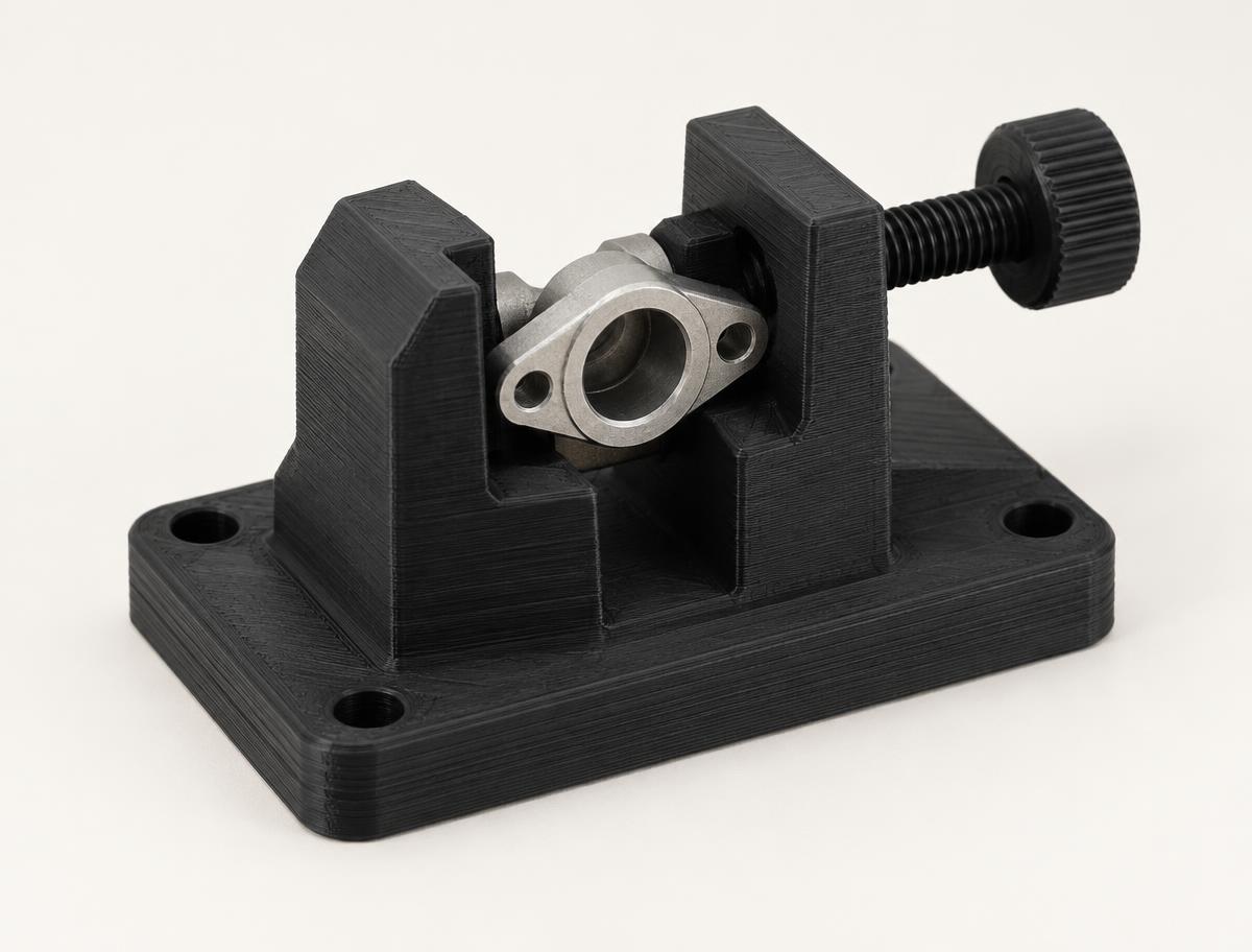 Black 3D printed workshop fixture clamping a metal part