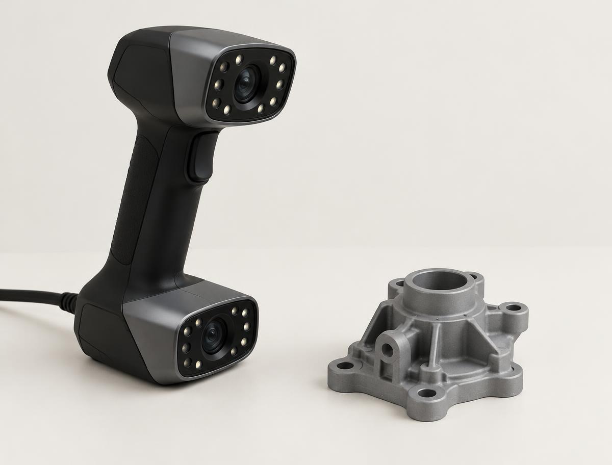 Handheld 3D scanner beside a cast mechanical part